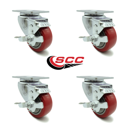 Service Caster 3 Inch Red Polyurethane Wheel Swivel Top Plate Caster Set with Brake SCC SCC-20S314-PPUB-RED-TLB-4